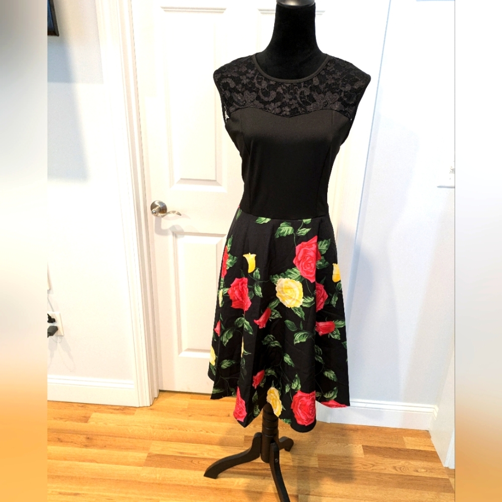 Black Floral Midi Dress with Lace Yoke